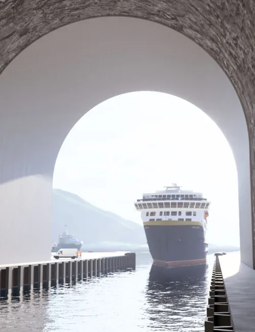 teikning og illustrasjon av stad Skipstunnel